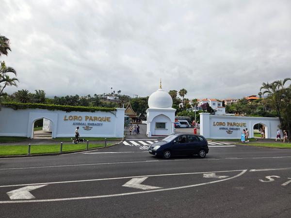 Entrada principal de Loro Parque en Puerto de la Cruz, con cúpula blanca y letrero dorado celebrando 50 años.