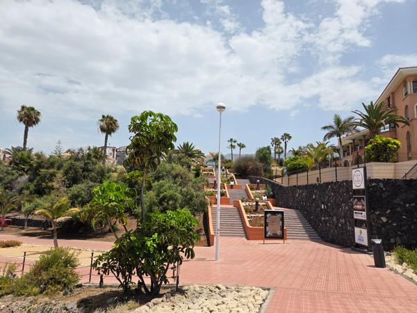 Costa Adeje junto al mar Vista de la costa rocosa de Costa Adeje con el océano Atlántico de fondo y un cartel interpretativo.