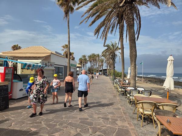 Personas caminando por el paseo marítimo bordeado de palmeras y cafeterías junto a Playa de las Américas.